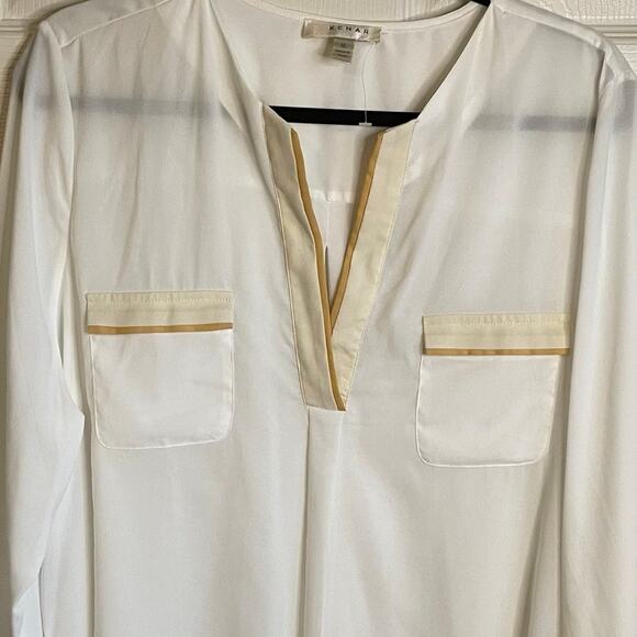 Kenar Cream Blouse NWT Contrast Trim Pockets Long Sleeves Split Neck Sz XL - Picture 5 of 11